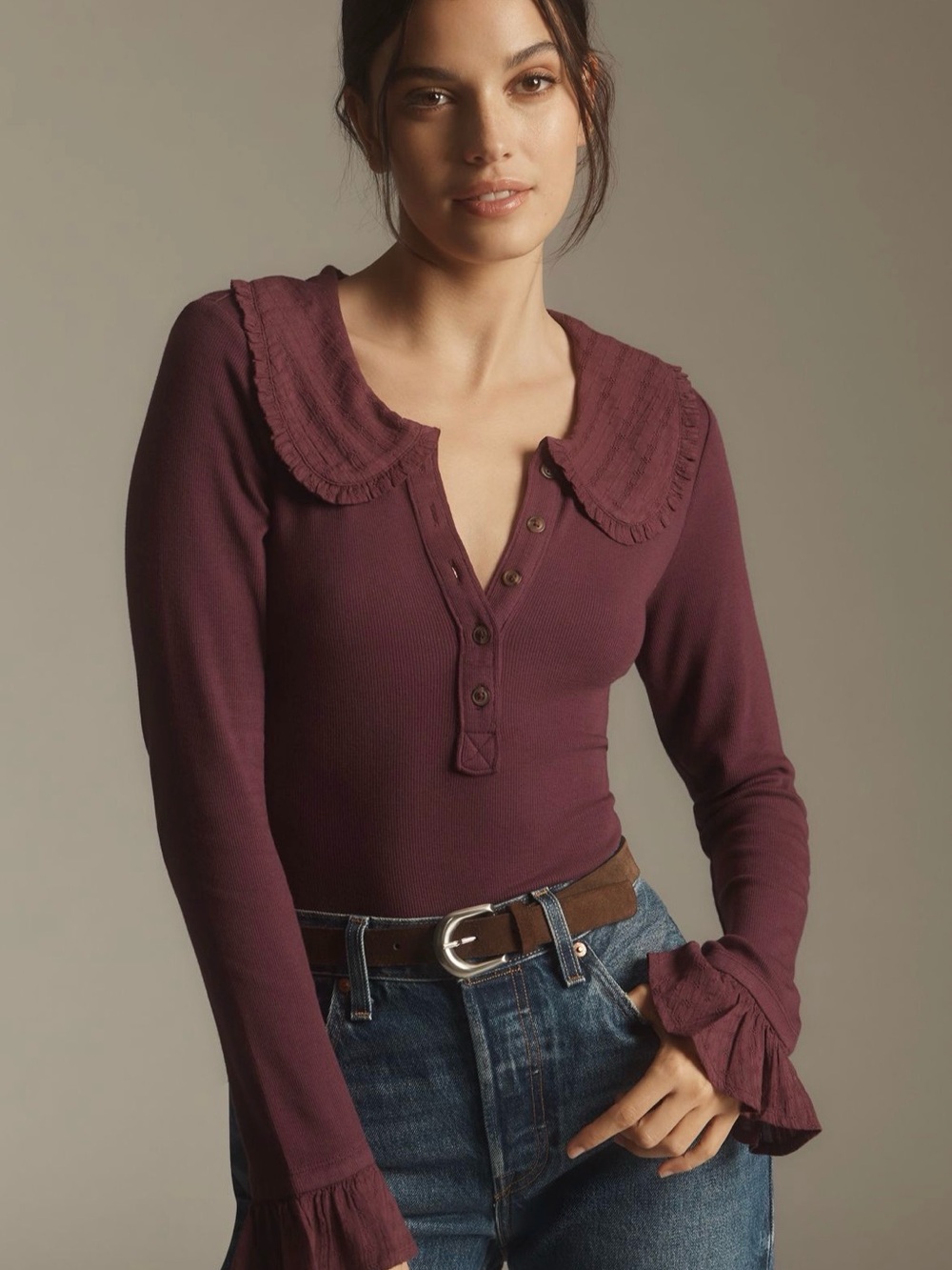 PILCRO Purple Long Sleeve Collared Lace Ribbed Top Women's S Cottagecore boho